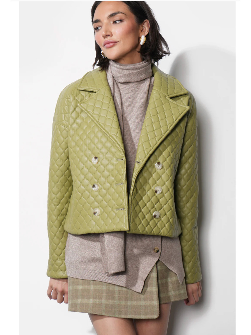 NWT $169 Greylin Quilted Faux Leather Olive Green Double Breasted Jacket Sz M